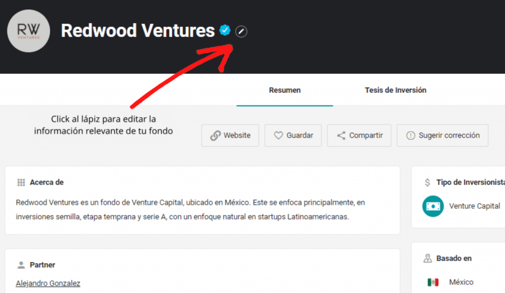 Editar perfil directorio Startupeable