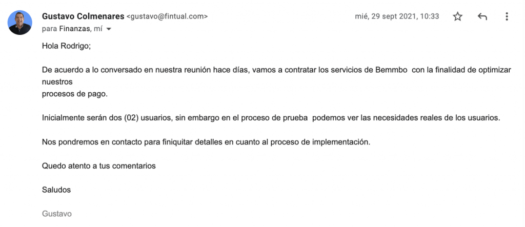 mail que fintual enviado al equipo de Bemmbo